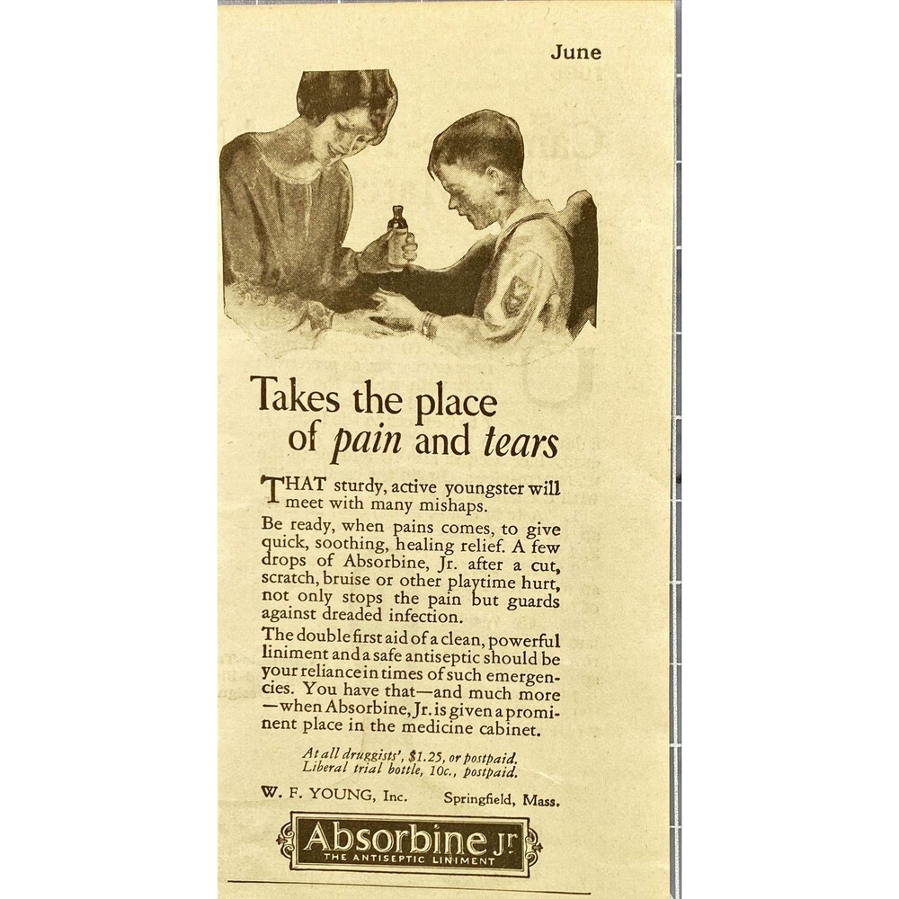 Absorbine Jr. "Takes the place of pain and tears" Vintage Print Ad 1925
